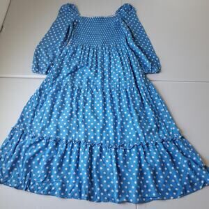 Dolan Dress Womens XL Blue Polka Dot Smocked Square Neck Maxi Long Sleeve Bump